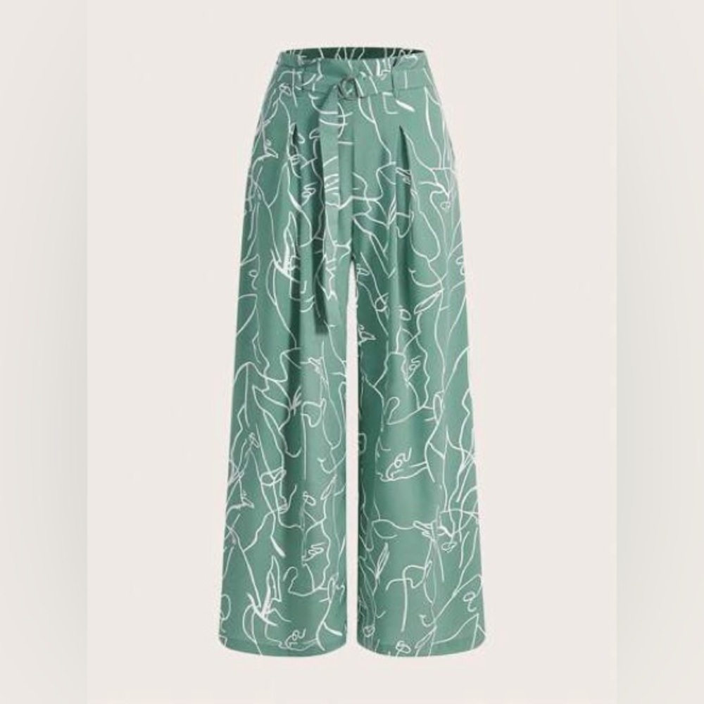 NWOT Women's High-Waisted Wide Leg Abstract Face Floral Printed Pants